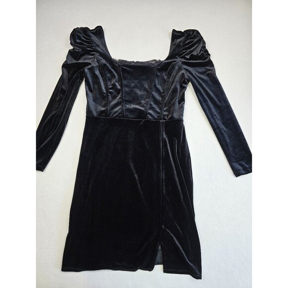 SO Dresses & Skirts - Black Velvet Puff Long Sleeve Goth Square Scoop Neck Lace Trim Dress XL